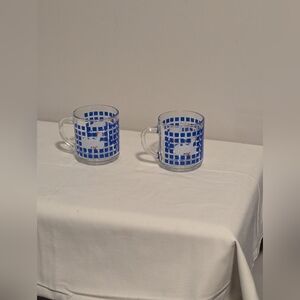 Carton 1982. Blue Checkered Glass Mugs With Geese And A Hatching Gosling.
